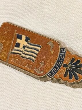 Vintage HELLAS Greek Flag Enamel Decorative Pin - Patmos on one side
